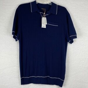 Quince Mens Silk Cotton Short Sleeve Sweater Polo Navy Blue Ribbed XL ZJSA001